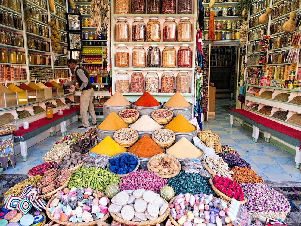 Mounds of spices in a Marrakech souk