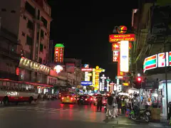 Neon signs over Yaowarat Road, Bangkok's Chinatown, at night